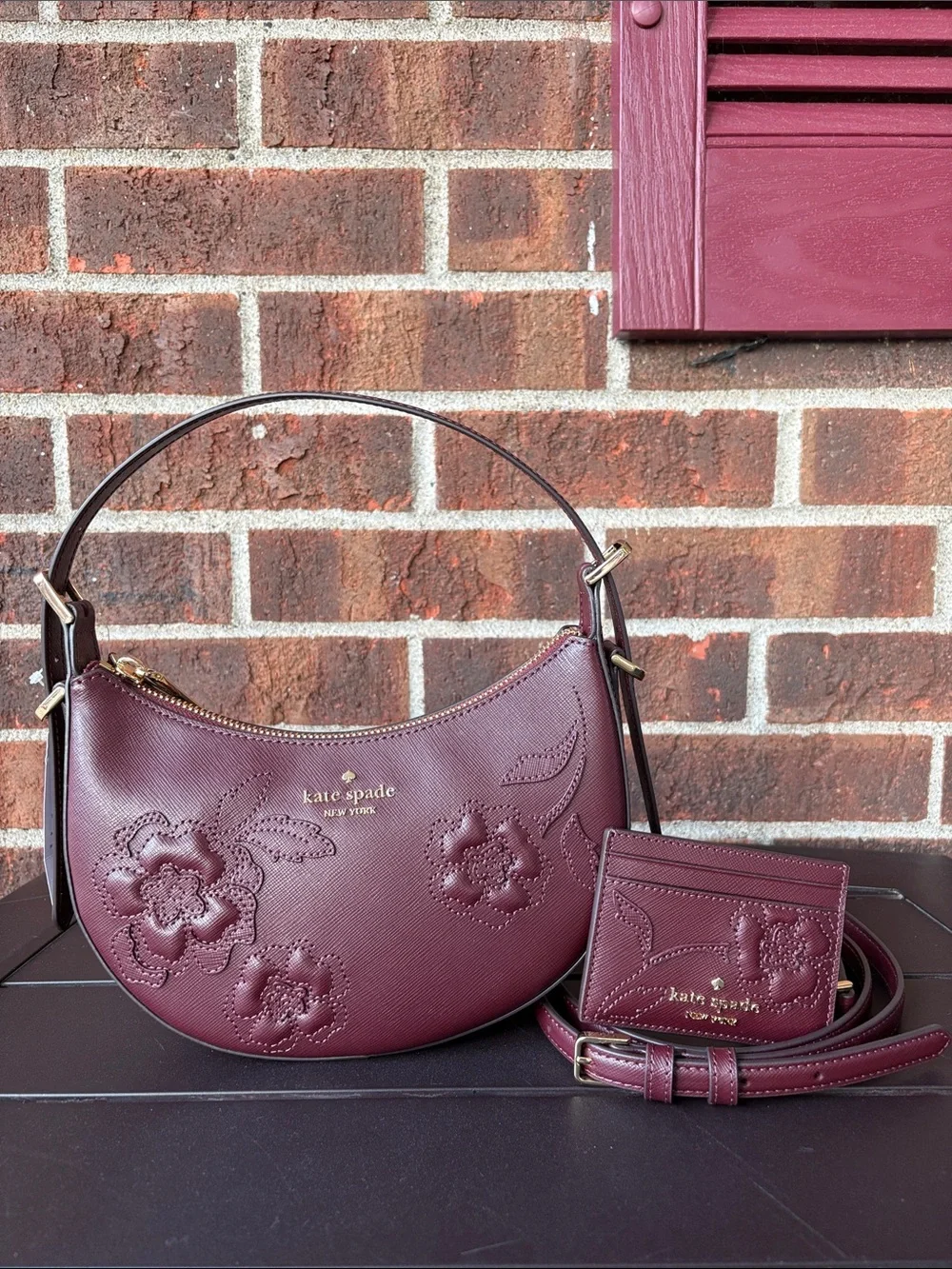 NWT-Kate Spade-SET-Madison-Crescent Bag &Cardholder-Dk Merlot-Forest Blooms-$468